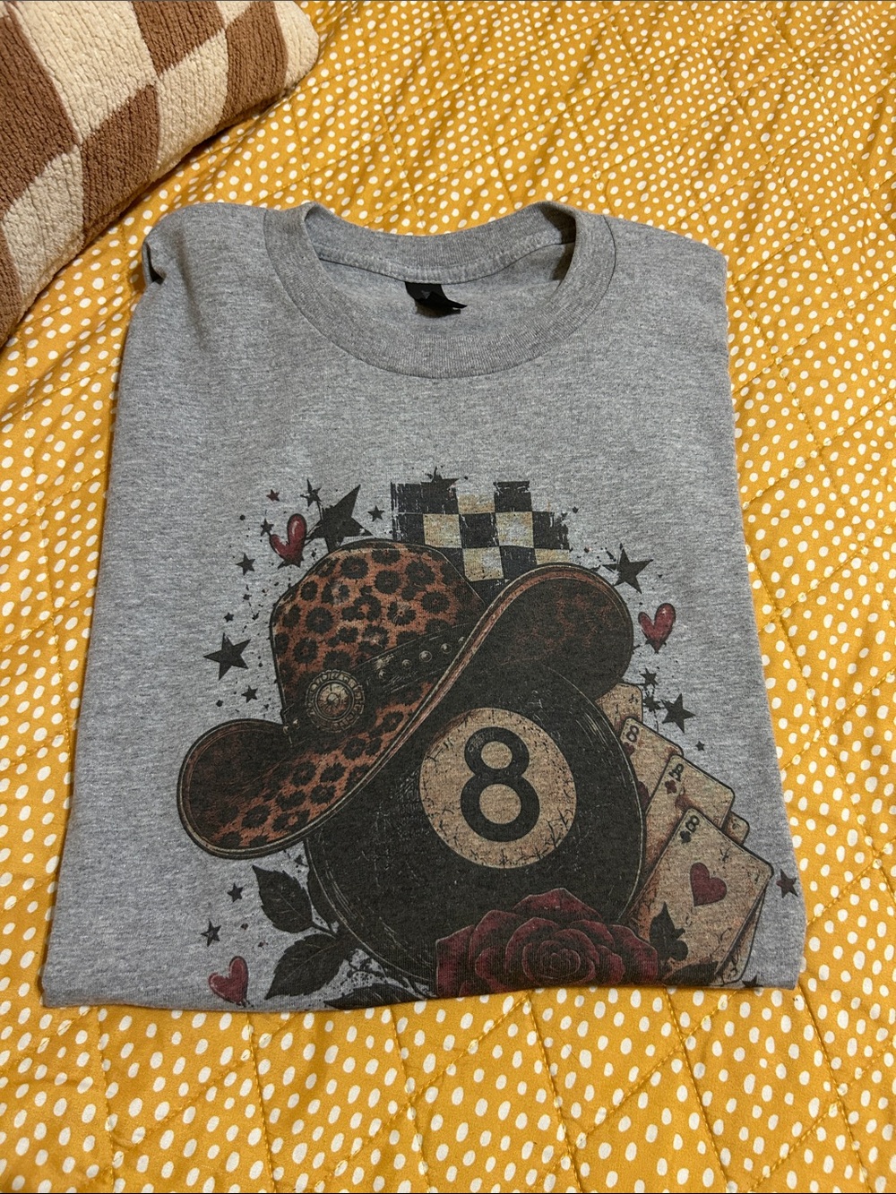 Grey Graphic Tee with Cowboy Hat and 8-Ball Design